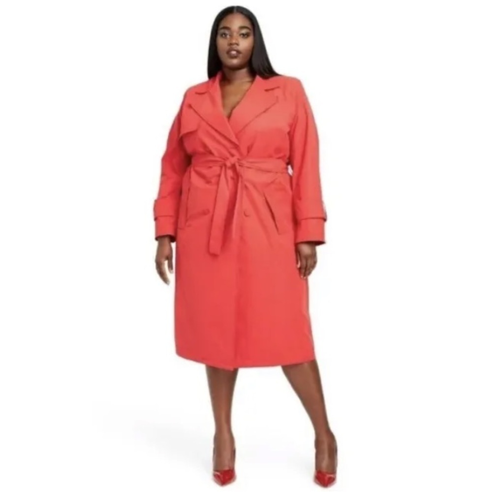 Sergio Hudson x Target Coat Size 1X Red Strong Shoulder Trench Coat Belted NWT